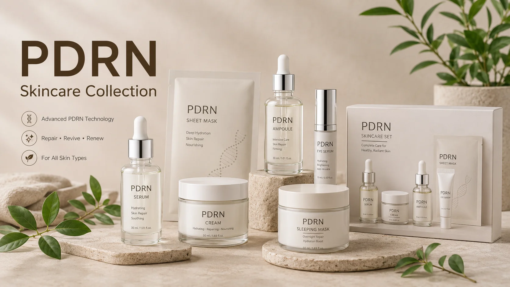 PDRN skincare collection featuring sheet mask, ampoule, serum, cream, eye serum, and sleeping mask arranged on neutral stone surfaces with green leaves.